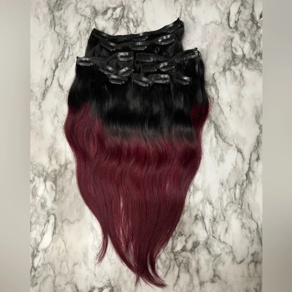 18 Inch Clip In 100% Human hair Balayage Black with Red Burgundy Straig…